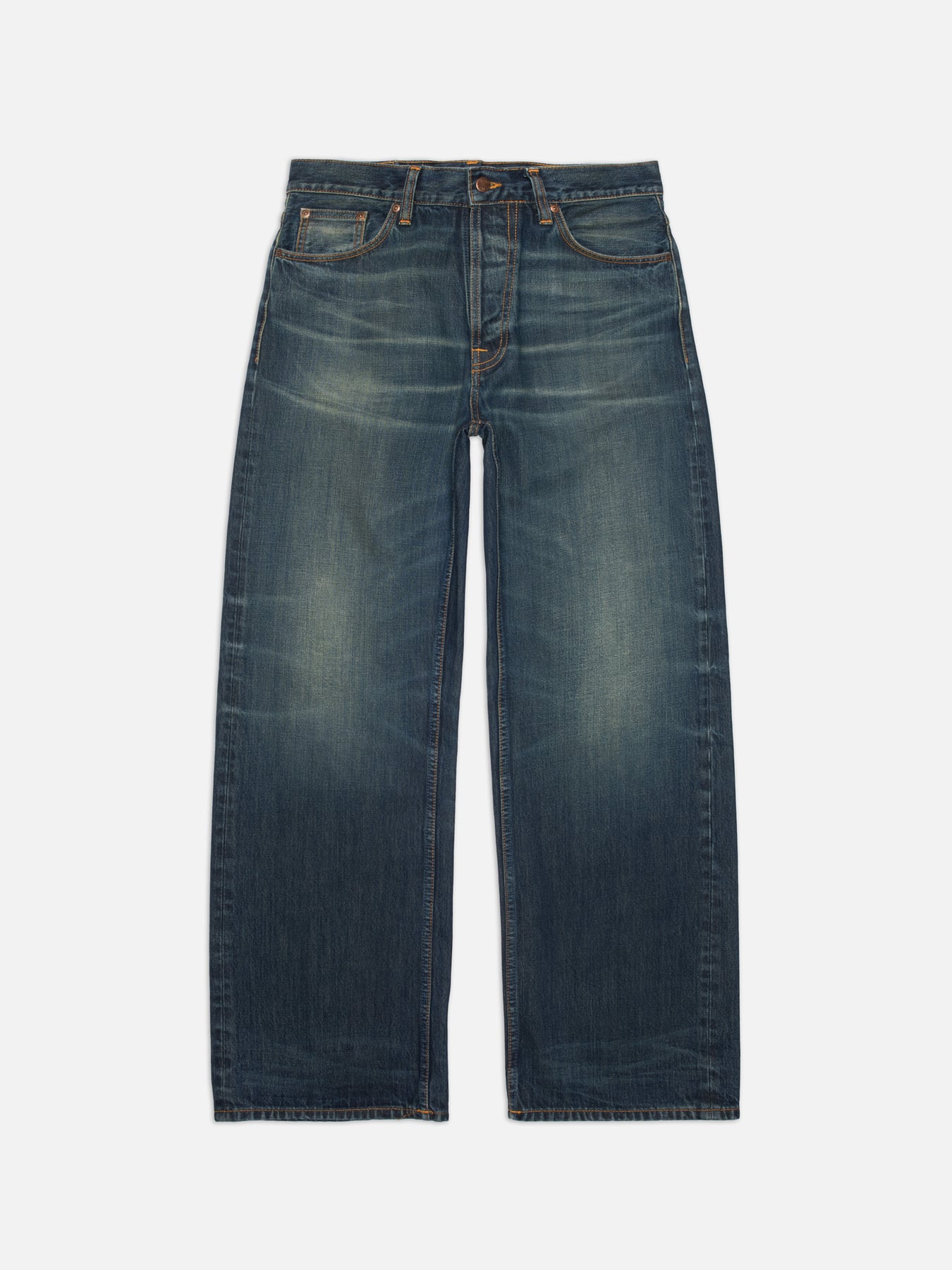 Nudie Jeans Loud Larry Dirt Wash, a pair of men's loose fit wide leg jeans in a dark blue wash, shown laid flat.